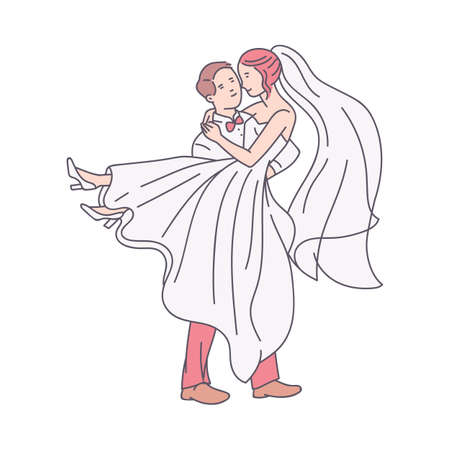 Cartoon characters of groom man carrying a bride in white gown, sketch vector illustration isolated on white background. Wedding scene of newlywed or just married couple.のイラスト素材