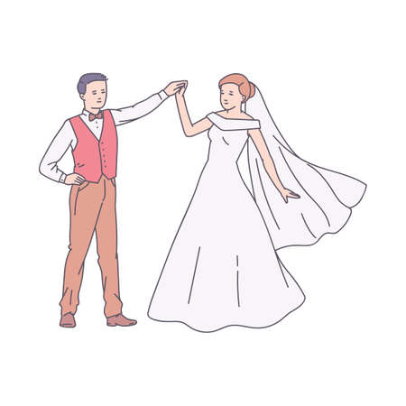 Wedding dance of groom and bride scene sketch vector illustration isolated on white background. Cartoon characters of bride and groom dancing together.のイラスト素材