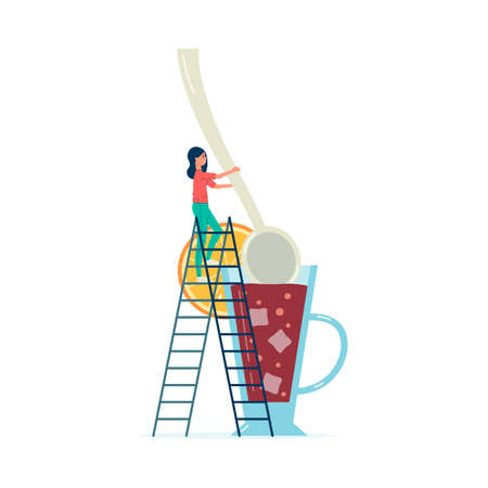Tiny woman mixing cocktail drink in giant glass full of juice and ice cubes, flat vector illustration isolated on white background. Symbol for summer cocktail bar.のイラスト素材