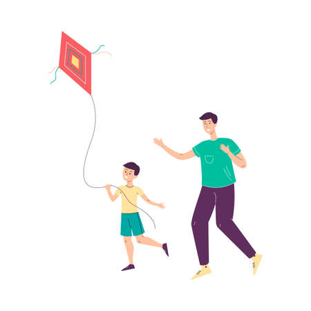 Father and son cartoon characters playing together and launching a kite. Happy parenthood and childhood concept, flat vector illustration isolated on white background.のイラスト素材