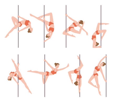 Pole dance performer female cartoon characters set, flat vector illustration isolated on white background. Pole dance as choreography art and fitness activity.のイラスト素材