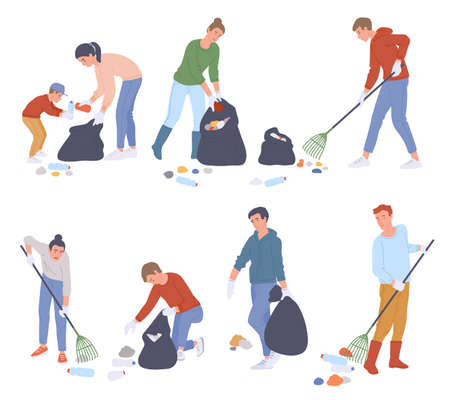 Set of various ages people cartoon character collect trash in a litter bags, flat vector illustration isolated on white background. Volunteers cleaning public park.のイラスト素材