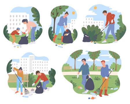 Set of banners or decorative frames with volunteers cleaning the park, flat vector illustration isolated on white background. People collect trash in city park.のイラスト素材