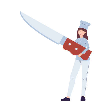 Chef woman holding giant knife - cartoon cook in white uniform and hat standing with big cooking utensil and smiling.のイラスト素材