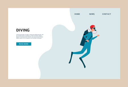 Scuba diving website banner with cartoon man swimming underwater in diver suit and gear. Vector illustration of water sport athlete on homepage template.のイラスト素材