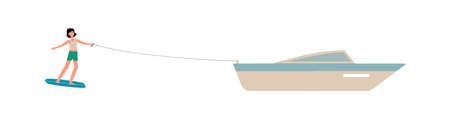 Woman cartoon character riding after motor boat on surfboard, flat illustration isolated on white background. Water sports and extreme activity on waves.のイラスト素材