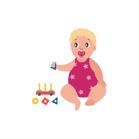 Little kid plays developing simple game, flat vector illustration isolated on white background. Early intellectual development of brain in the first year of life.のイラスト素材