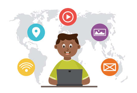 Kid boy communication online and uses media resources on Internet using laptop. Vector flat...