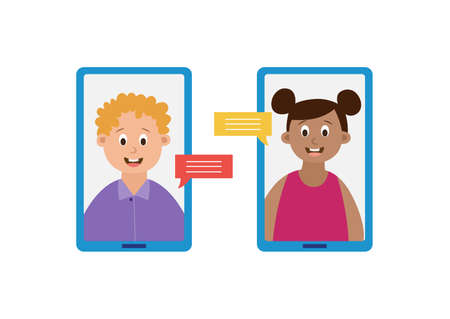 Online communication for kids in social networks and chats. Children uses of instant messenging in mobile phones for communication. Vector flat illustration.のイラスト素材