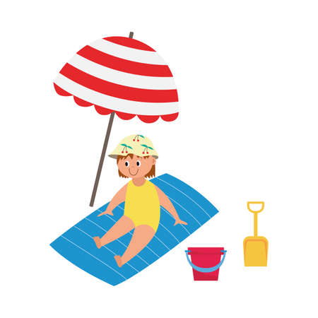 Happy kid sitting on beach towel under umbrella and playing with shovel and bucket for sculpting sand castles, flat cartoon vector illustration isolated white backgroundのイラスト素材