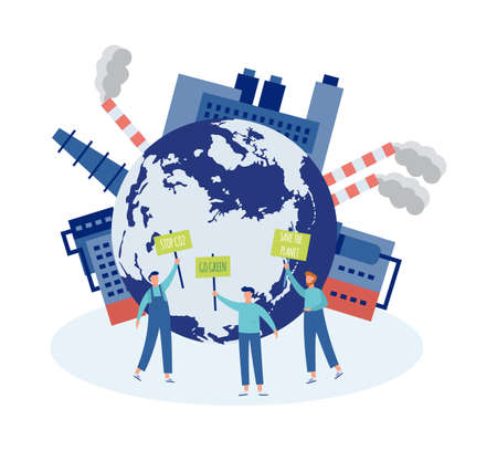 Environment pollution ecological problem banner with factory buildings around the world globe and...