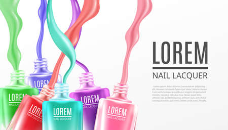 Web banner template with colorful nail polish splashing out of bottles, realistic vector illustration isolated on white background. Nail lacquer or varnish bottles.のイラスト素材