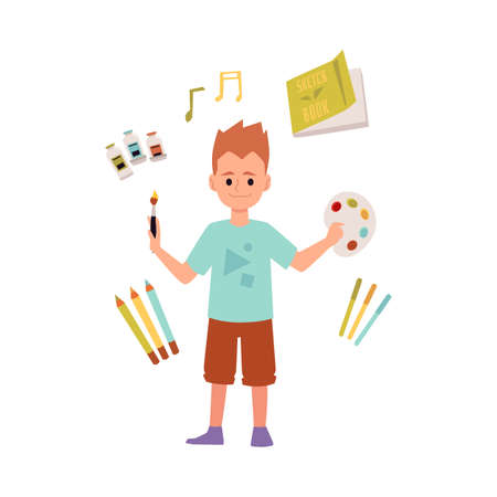 Steam education boy standing surrounded by school supplies. Notebook and pens with pencils, flat cartoon vector illustration isolated white backgroundのイラスト素材