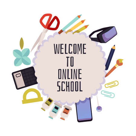 The concept of online education. Poster with a set of icons for online school, e-learning and the inscription. Flat cartoon vector illustration isolated on a white backgroundのイラスト素材