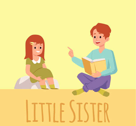A brother reads a book with fairy tales or interesting stories to his little sister. Family activity on weekends or in quarantine. Flat vector illustrationのイラスト素材