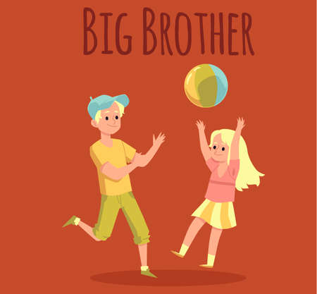 A brother and his little sister play with a ball. Activity of children at leisure, on weekends or holidays. Fun outdoor games. Card with lettering. Vector flat cartoon illustrationのイラスト素材