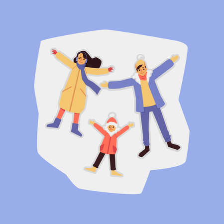 Happy family making snow angels - cartoon parents with child lying on the snowy ground and enjoying winter activity. Vector illustration of people in Christmas seasonのイラスト素材