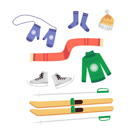 Winter sport and fun activity equipment set - cartoon ski, skates and warm clothes isolated on white background. Vector illustration of seasonal objects.のイラスト素材