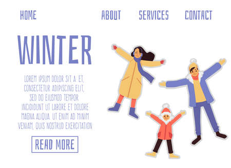 Happy family in warm clothes lying in snow making stars landing page for website. Winter activities picture, flat cartoon vector illustration white backgroundのイラスト素材