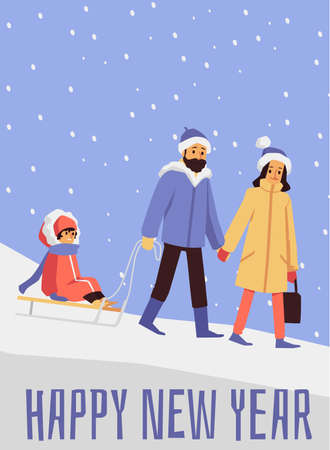 Happy family wearing warm clothes doing snow activities carrying child sitting in sled banner. Happy new year holiday poster, flat cartoon vector illustrationのイラスト素材