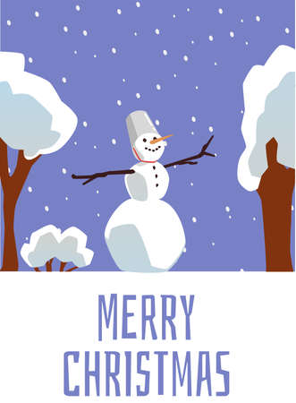 Christmas greeting card template with snowman among winter snowy trees, flat vector illustration. Winter background design for Christmas holiday postcards or posters.のイラスト素材