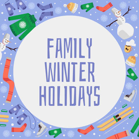 A poster with elements of winter happy family holidays. Postcard with inscription. Concept of outdoor entertainment in the winter season. Flat cartoon vector illustrationのイラスト素材