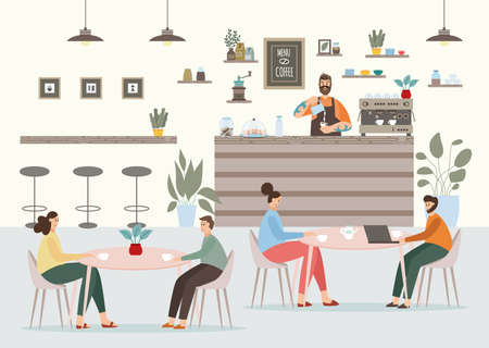 Coffeeshop interior with barista and customers drinking coffee and communicating, flat vector illustration. Coffee restaurant scenery with men and women sitting at tables.のイラスト素材