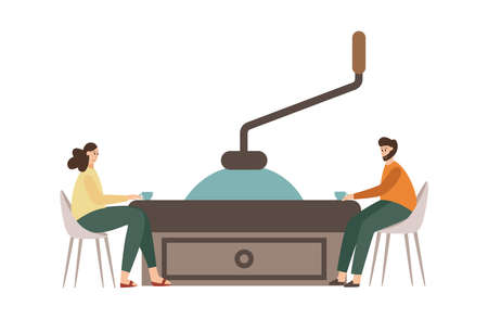 The visitors of the coffee shop drinking coffee. A couple of men and women sit at a table in the form of a large coffee grinder. Flat cartoon vector isolated illustrationのイラスト素材