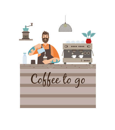 Barista at counter preparing coffee flat vector illustration isolated on white background. Take away cafe counter with hipster man making coffee drink.のイラスト素材