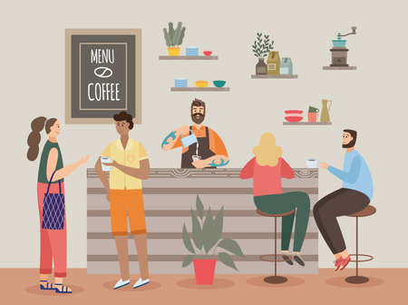 People meeting in coffeeshop and barista preparing and serving coffee to visitors, flat vector illustration. Interior of cafeteria with customers and barista at bar counter.のイラスト素材