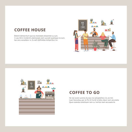 Two banner with characters of barista making coffee at the counter for coffee shop visitors or coffee to go. Cozy interior of the coffee house. Flat vector illustrationsのイラスト素材