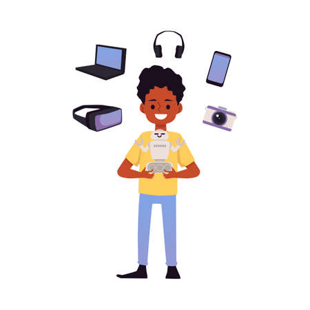 A concept of STEAM education. A boy with robot in her hands and icons of science, engineering, vr...
