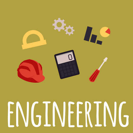 Engineering poster with engineer work tools and calculating equipment set. Vector illustration of...