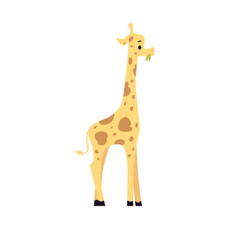 Cute african giraffe cartoon icon, flat vector illustration isolated on white background. Giraffe a wildlife or zoo inhabitant personage for prints and cards.のイラスト素材
