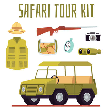 Banner or poster with a set for a safari tour. Isolated kit for adventure, tourism, trip or travel. Vector flat illustration. Banner or poster with inscriptionのイラスト素材