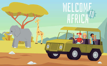 Welcome to Africa travel invitation banner. Adventurous safari tour in car watching wild species and wildlife nature, flat cartoon vector illustrationのイラスト素材