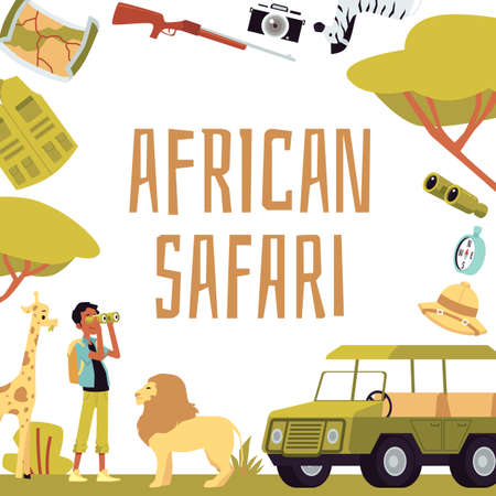 African safari travel tour poster with wild animals and nature wildlife landscape. Jungle adventurous extreme trip banner, flat cartoon vector illustrationのイラスト素材