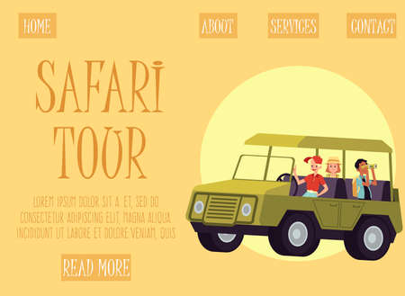 Cartoon people in safari tour truck - website banner template for African wildlife tourism expedition. Vector illustration of tourists on vehicle.のイラスト素材
