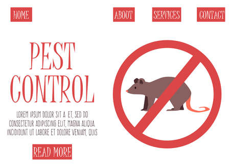 Pest control web banner interface with anti pest sign with rat or mouse, flat vector illustration. Web landing page for pest exterminators in minimal style.のイラスト素材