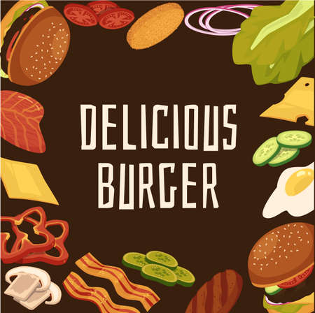 Banner or poster with delicious burger text and food ingredients for hamburger and cheeseburger making, flat vector illustration on dark brown background.のイラスト素材