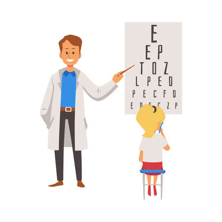 Pediatric ophthalmologist doctor conducting eyesight test for child. Ophthalmology and optometry for children, flat vector illustration isolated on white background.のイラスト素材
