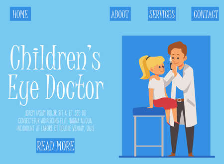 Consultation and treatment with kids eye doctor. An ophthalmologist holds an eye medication in his hand to treat a girl. Landing page template. Vector flat cartoon illustrationのイラスト素材