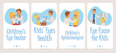 Onboarding screen design for kids eye doctor or ophthalmologist with cartoon characters of eye doctor and little patient, flat vector illustration. Eyesight examination.のイラスト素材