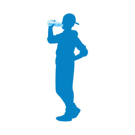 Blue contour shape of young man or boy drinking water from bottle, flat vector illustration isolated on white background. Silhouette of male character drinking water.のイラスト素材