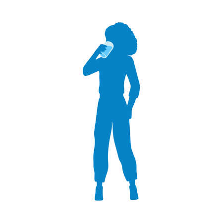 Blue monochrome silhouette of woman drinking from glass, flat vector illustration isolated on white background. Contour of slim woman restoring water balance.のイラスト素材