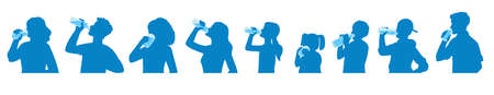 People drinking water - cartoon silhouette set of men and women in profile holding water bottle and hydrating isolated on white background. Vector illustration.のイラスト素材