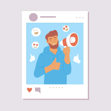 Online social media influencer post concept with cartoon man surrounded by like, favorite and love...
