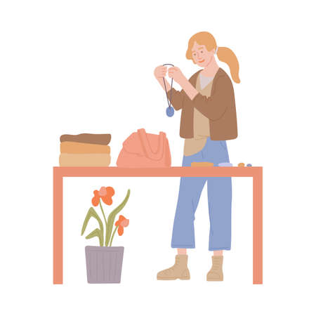 Woman choosing second hand accessories and cloth on swap party, sketch vector illustration isolated on white background. Reduce and responsible mindful living.のイラスト素材