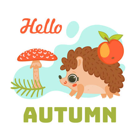 Hello autumn card with funny hedgehog cartoon character carrying apple, flat vector illustration on white background. autumn season greeting poster or card.のイラスト素材