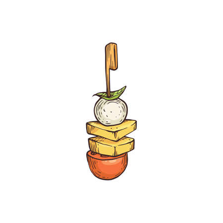 Vector isolated hand drawn illustration of finger food. Colorful sketch of canape or snack for cafe, restaurant or eatery. Tiny appetizer on skewer.のイラスト素材